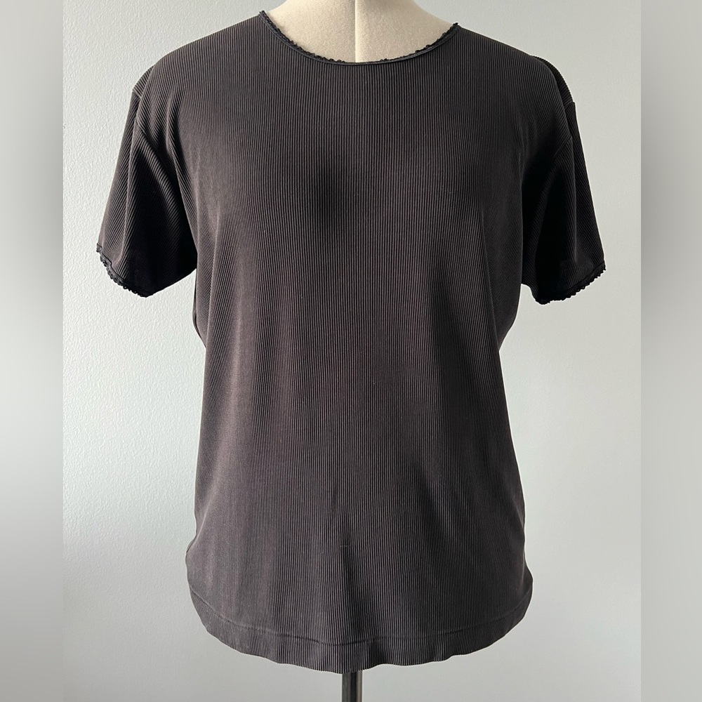 Silk Collection Black Ribbed Silk Blend Top Short Sleeve Size L